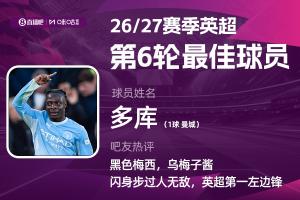咪咕携手直播吧报道|英超第6轮最佳表现：多库替补登场进关键球，助曼城逆转胜出